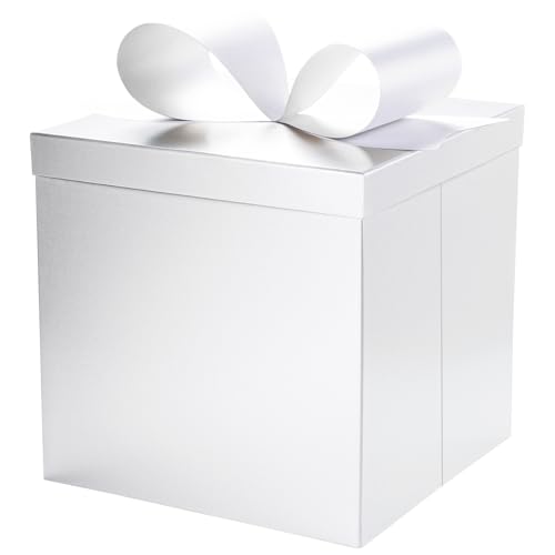 LaRibbons Large White Gift Boxes with Lid and Bow 10x10x10 Inch Collapsible Square Box for Birthday Wedding Baby Shower Christmas Party Gifts All Occasion - Image 1