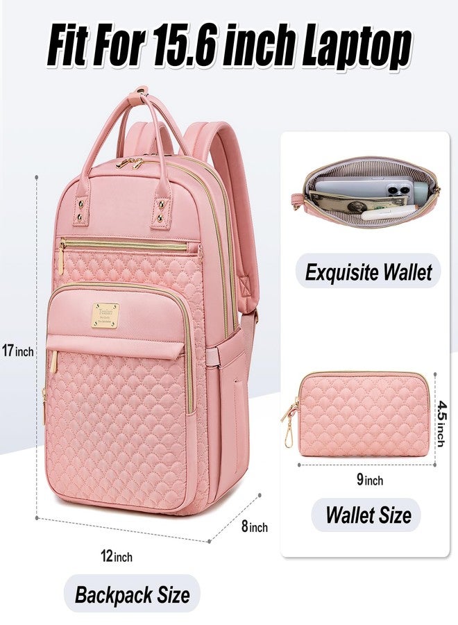 Tealari Laptop Backpack for Women,15.6 Inch Laptop Backpack for Work,Water Resistant Travel Backpack,College Bookbag with Wallet (Pink-1) - Image 2