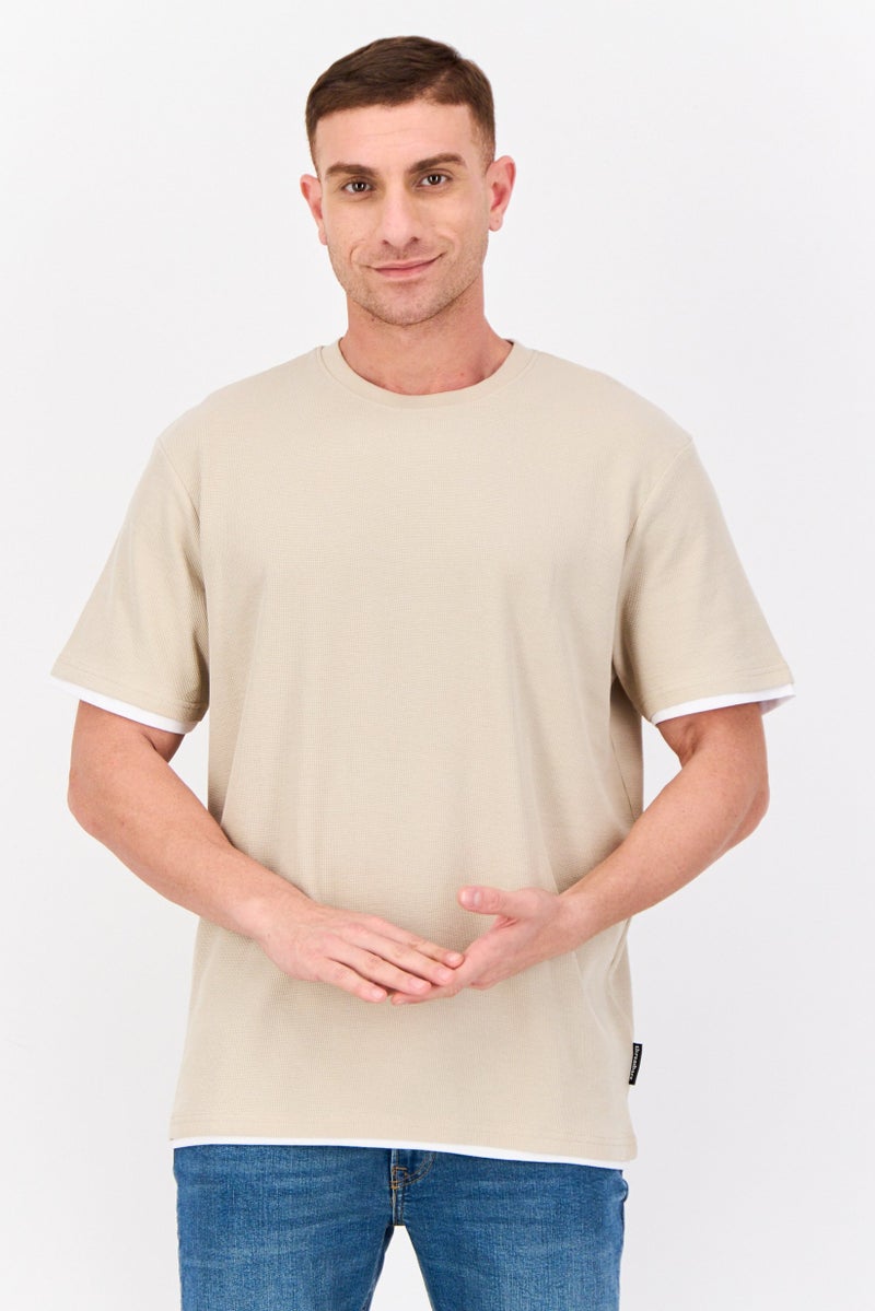 Threadbare Men Crew Neck Short Sleeve Plain T Shirt, Beige - Image 1