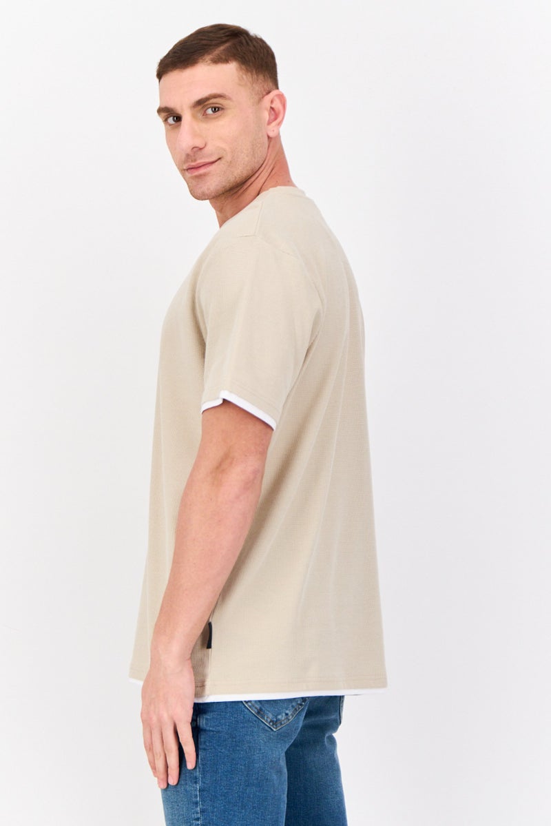 Threadbare Men Crew Neck Short Sleeve Plain T Shirt, Beige - Image 2