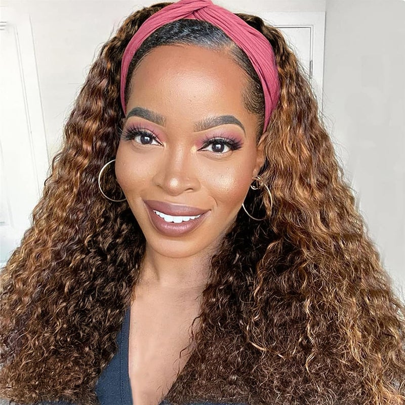 Celiarita Ombre Highlight Blonde Headband Wig Human Hair 14 inch Deep Wave Headband Wig Human Hair None Lace Front Machine Machine Made Colored Wig Natural Hairline Half Wigs for Black Women
