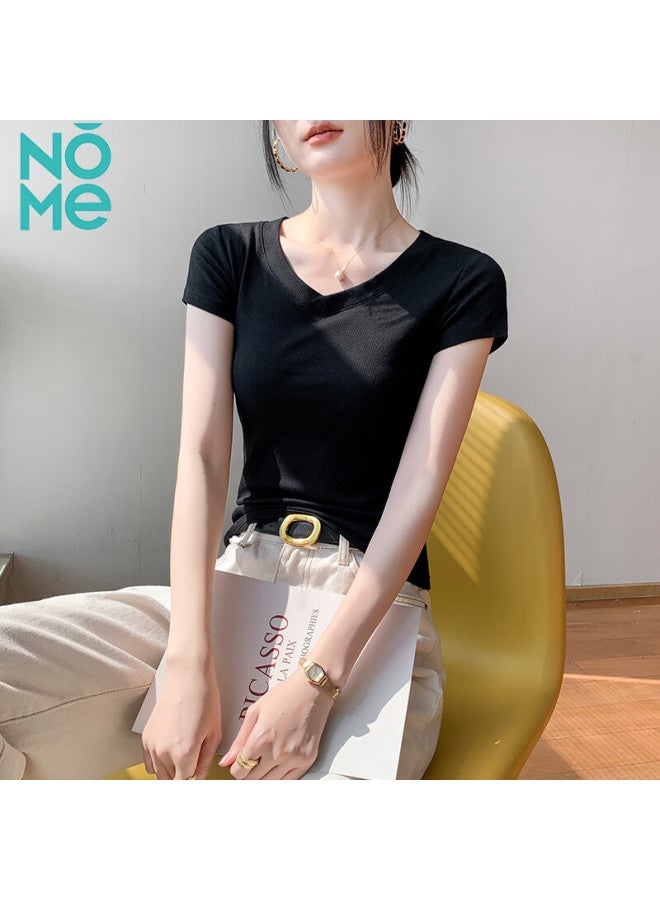 Nome Women's Short-sleeve T-shirt, V-neck Regular Shoulder Tee Top, Slim-fit Inner Wear Undershirt, Black, S - Image 1