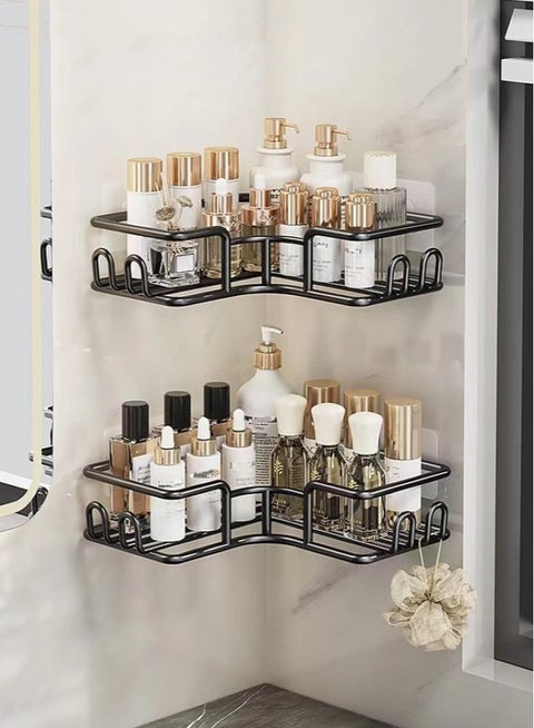 رف معدني للحمام مكون من قطعتين من منظم الصابون والشامبو على الحائط، رف تخزين باللون الأسود