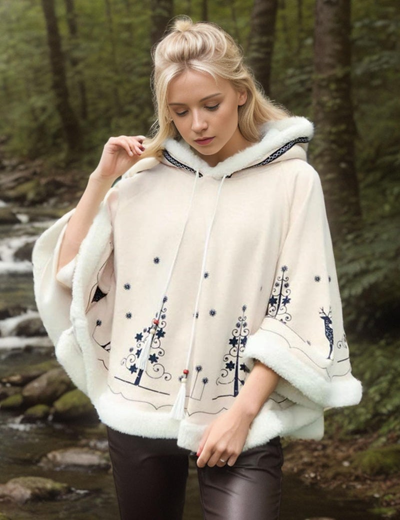 Flygo شال بونشو هودي نسائي من فلايجو مزين بفرو لطيف مع غطاء رأس وشجرة عيد الميلاد وغزال (مقاس واحد (أقل من 154 رطل)، بيج) - Image 4