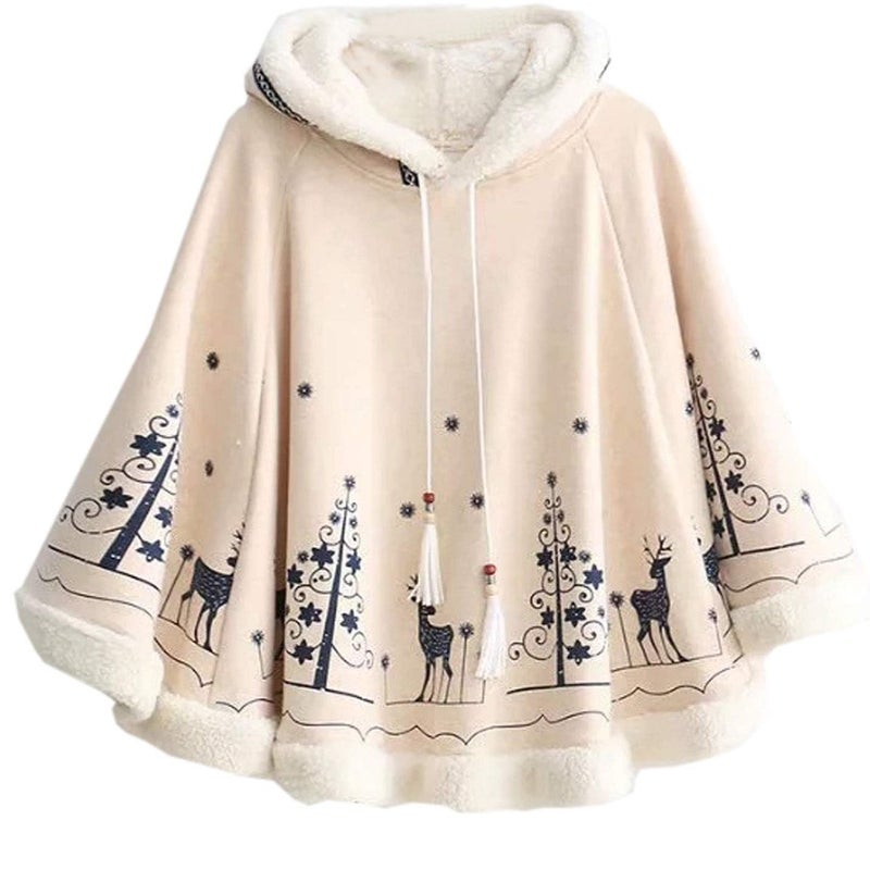 Flygo شال بونشو هودي نسائي من فلايجو مزين بفرو لطيف مع غطاء رأس وشجرة عيد الميلاد وغزال (مقاس واحد (أقل من 154 رطل)، بيج) - Image 1
