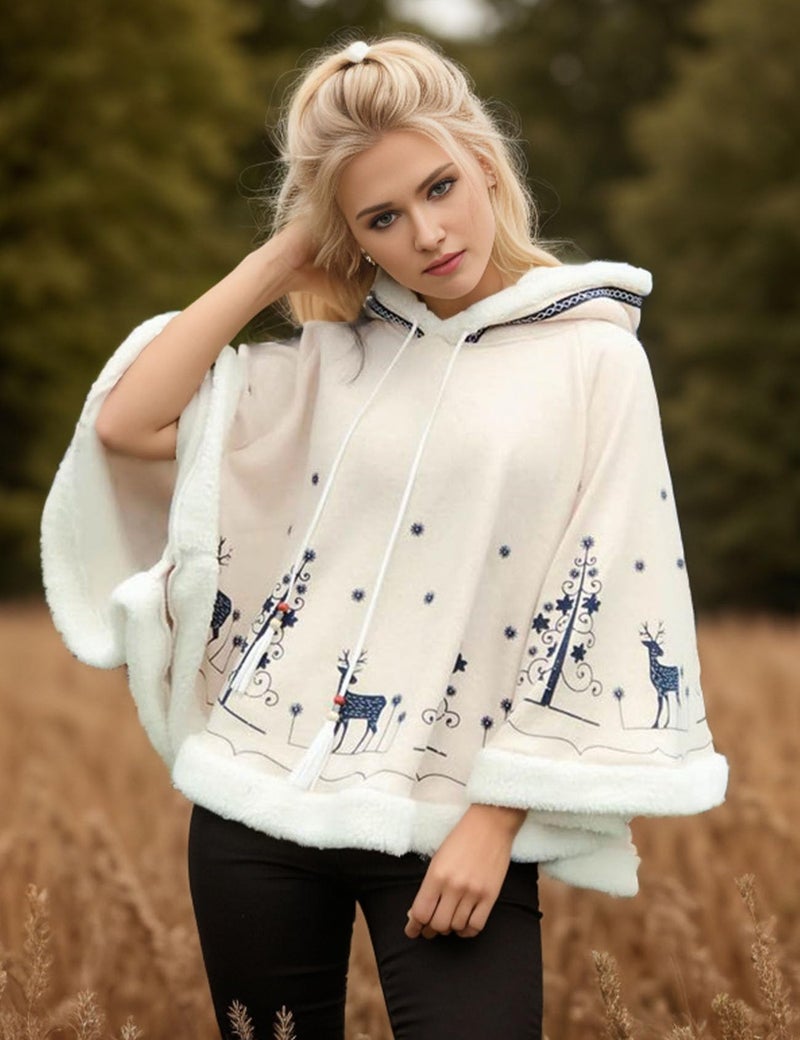 Flygo شال بونشو هودي نسائي من فلايجو مزين بفرو لطيف مع غطاء رأس وشجرة عيد الميلاد وغزال (مقاس واحد (أقل من 154 رطل)، بيج) - Image 3