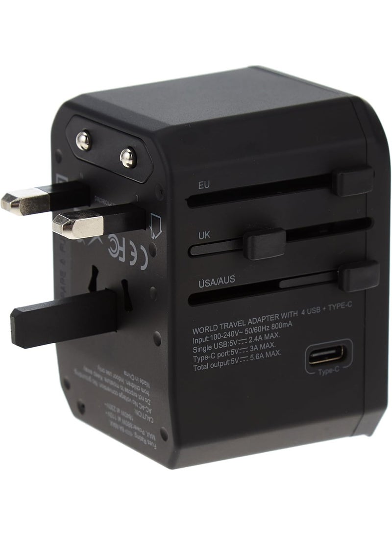 ORIONMAX Universal International Travel Adapter with 4 Ultra-Fast USB Ports, 1 USB-C Fast Charging Port, AC Power Socket, UK/EU/US/AU Plugs, Auto Switch & Carry Bag - Image 2