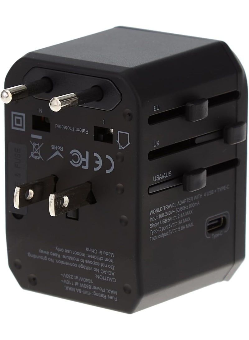 ORIONMAX Universal International Travel Adapter with 4 Ultra-Fast USB Ports, 1 USB-C Fast Charging Port, AC Power Socket, UK/EU/US/AU Plugs, Auto Switch & Carry Bag - Image 4