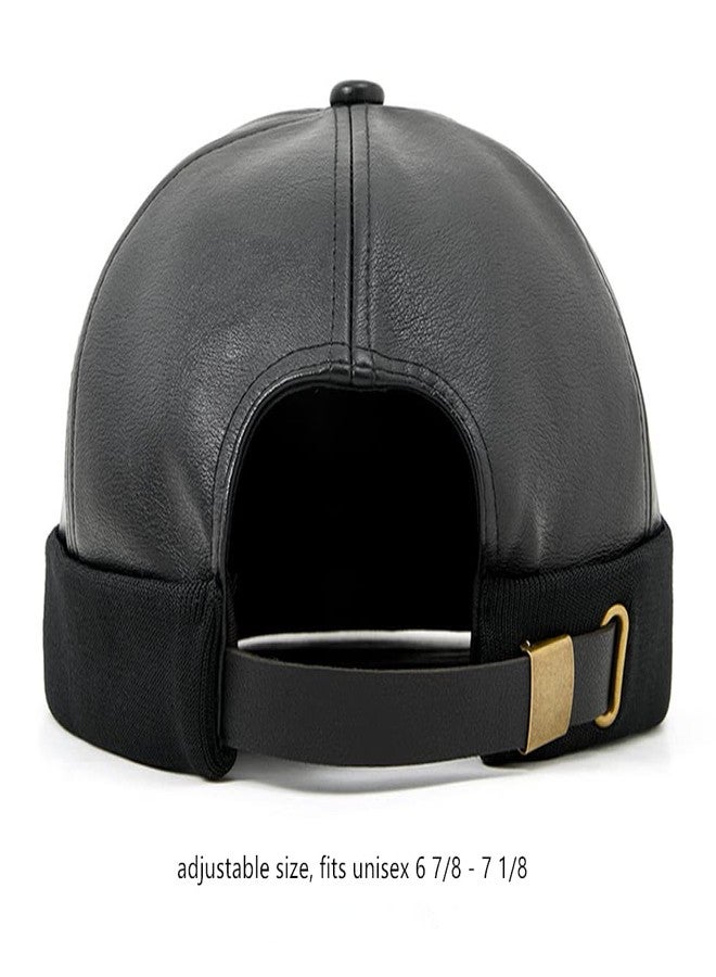 Teanea Unisex Faux Leather Docker Cap Brimless Leon Hat Skull Cap Beanie for Men Women, Black, 6 7/8-7 1/4 - Image 3