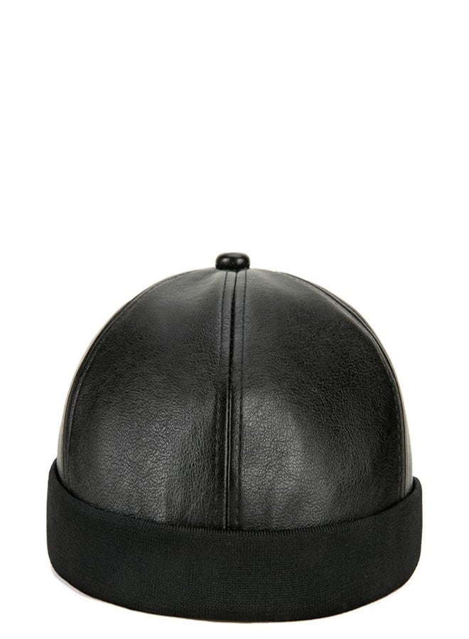 Teanea Unisex Faux Leather Docker Cap Brimless Leon Hat Skull Cap Beanie for Men Women, Black, 6 7/8-7 1/4 - Image 1