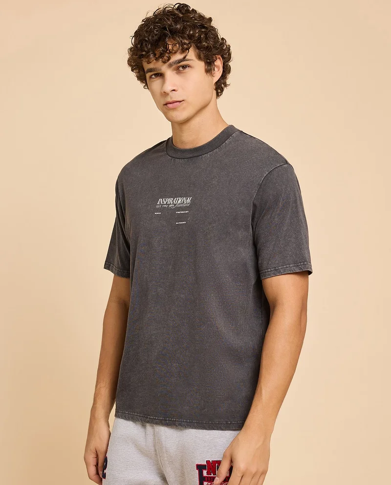 R&B Typography Print T-Shirt with Crew Neck and Short Sleeves