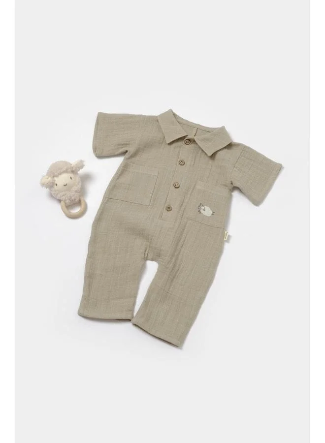 Magu Baby Boy Cotton Khaki Muslin Romper with Pockets - Lamb Embroidery Detail.