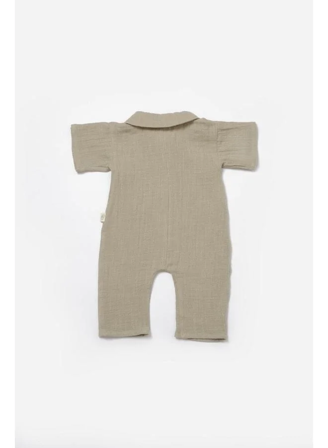 Magu Baby Boy Cotton Khaki Muslin Romper with Pockets - Lamb Embroidery Detail.