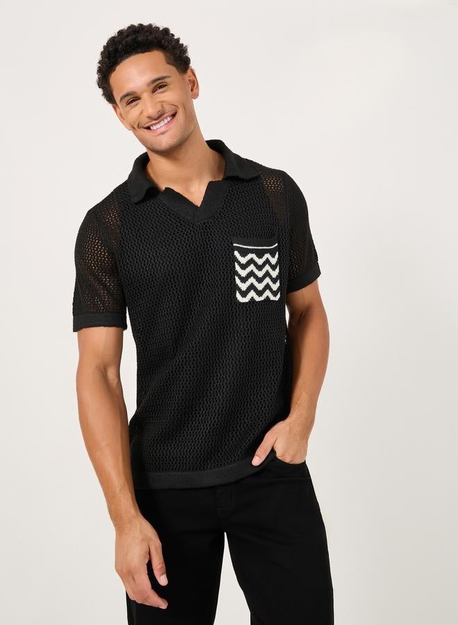 Styli Contrast Pocket Relaxed Crochet Knit Polo  - Image 1