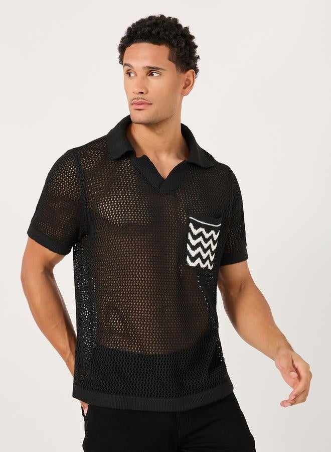 Styli Contrast Pocket Relaxed Crochet Knit Polo  - Image 5
