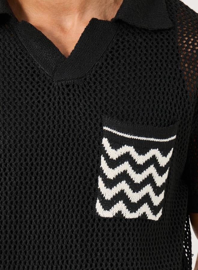Styli Contrast Pocket Relaxed Crochet Knit Polo  - Image 3
