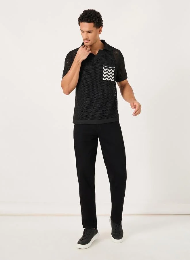 Styli Contrast Pocket Relaxed Crochet Knit Polo