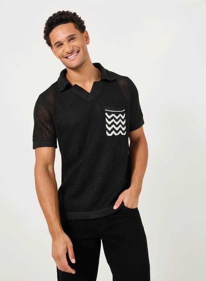 Styli Contrast Pocket Relaxed Crochet Knit Polo
