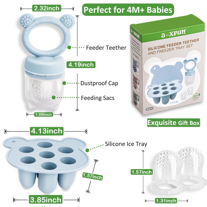 JEXFUN Silicone Baby Fruit Food Feeder & Mini Freezer Nibble Tray, Breastmilk Popsicle Molds for Baby Teething Relief, BPA Free Silicone Teething Toys Feeder for Safe Infant Self Feeding, Extra Food Pouches - Image 2