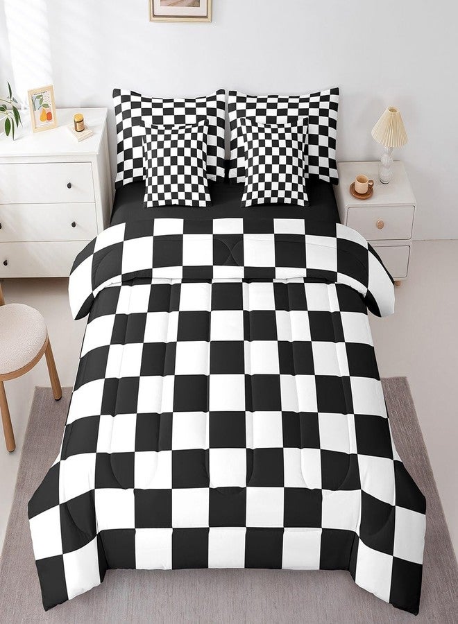 Feelyou Checkered Retro 7 Piece Bedding Set Teen Women Men Black White Plaid Comforter Set with Sheets Full Size Kids Boys Geometric Vintage Bed in a Bag Modern Simple Groovy Aesthetic Room Decor - Image 1