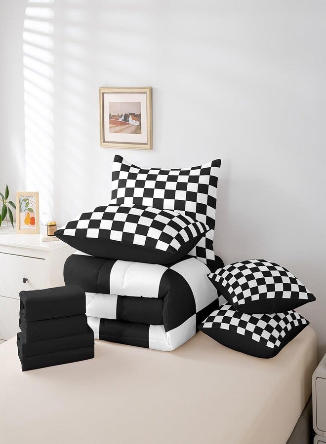 Feelyou Checkered Retro 7 Piece Bedding Set Teen Women Men Black White Plaid Comforter Set with Sheets Full Size Kids Boys Geometric Vintage Bed in a Bag Modern Simple Groovy Aesthetic Room Decor - Image 4