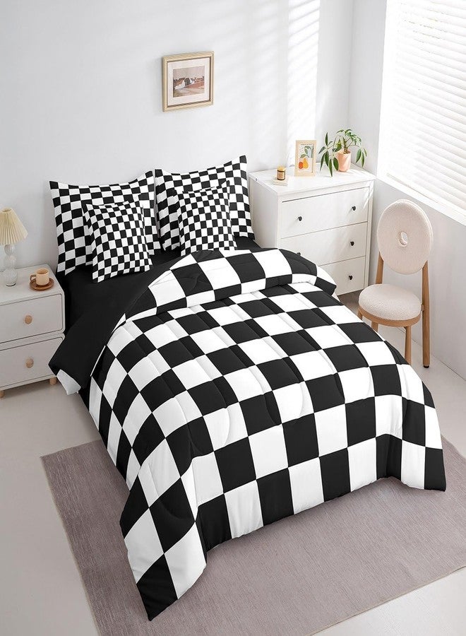 Feelyou Checkered Retro 7 Piece Bedding Set Teen Women Men Black White Plaid Comforter Set with Sheets Full Size Kids Boys Geometric Vintage Bed in a Bag Modern Simple Groovy Aesthetic Room Decor - Image 2