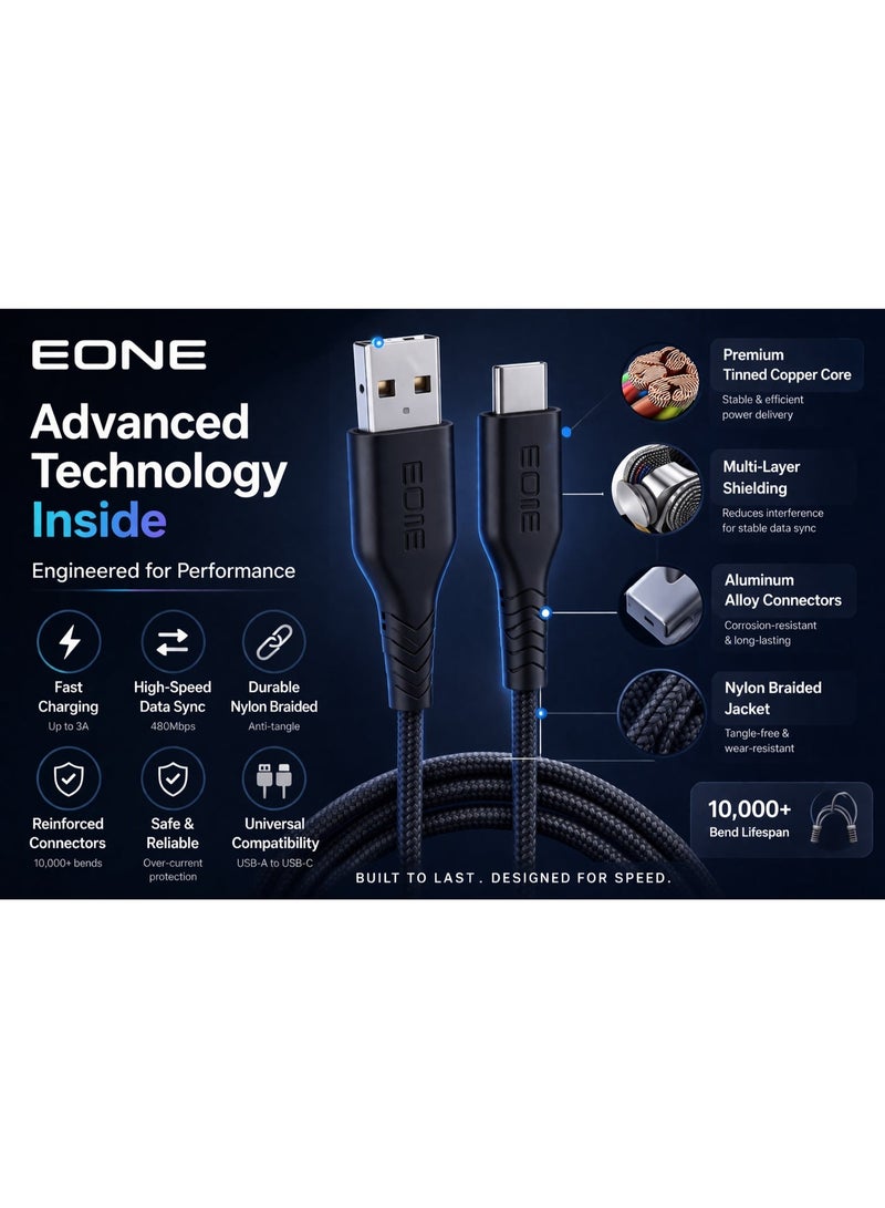 إيون كابل EONE USB-A إلى USB-C بطول 1.2 متر، كابل شحن ونقل بيانات سريع، كابل من النوع C مضفر من النايلون، متوافق مع هواتف iPhone 15 وSamsung وAndroid والأجهزة اللوحية، للشحن والمزامنة - أسود - Image 2