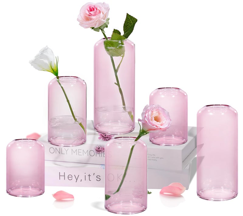 ZENS Bud Vases Set of 6  Pink Clear Small Glass Vase for Flowers. Modern Hand Blown Cylinder Glass Vase for Wedding Reception Centerpieces Living Room Decorative. - Image 1