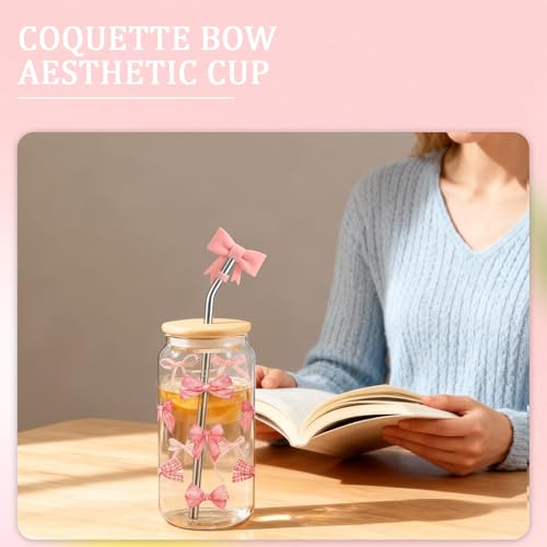 Ninivi Coquette Pink Bow Glass Cups with Lids and Straws and Straw Cover, Cute Preppy Stuff Iced Coffee Girly Glass Tumbler, Daughter Teen Girl Gifts Trendy Stuff, Birthday Gifts for Mom Sister - Image 5
