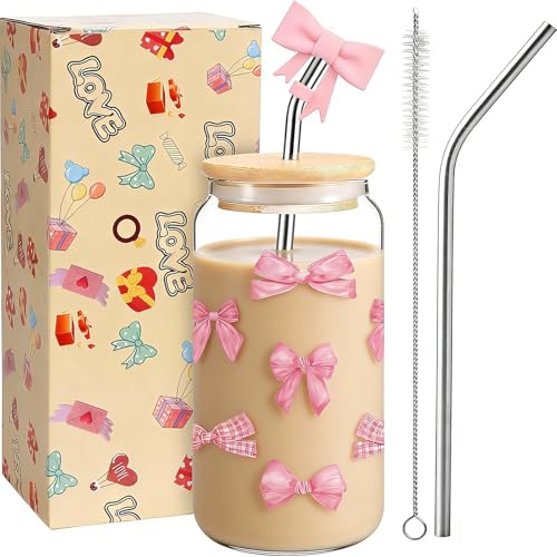 Ninivi Coquette Pink Bow Glass Cups with Lids and Straws and Straw Cover, Cute Preppy Stuff Iced Coffee Girly Glass Tumbler, Daughter Teen Girl Gifts Trendy Stuff, Birthday Gifts for Mom Sister - Image 1