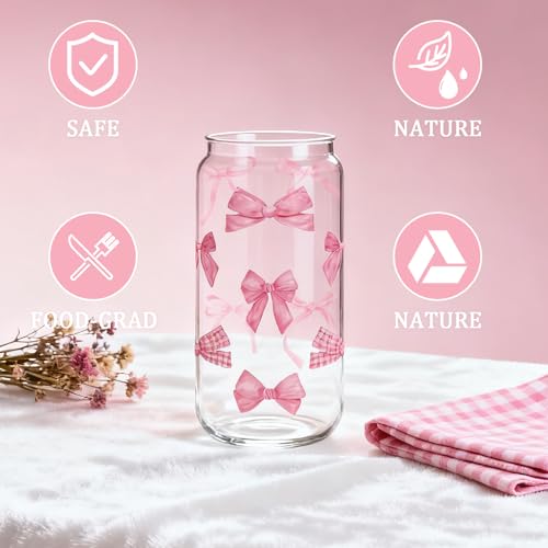 Ninivi Coquette Pink Bow Glass Cups with Lids and Straws and Straw Cover, Cute Preppy Stuff Iced Coffee Girly Glass Tumbler, Daughter Teen Girl Gifts Trendy Stuff, Birthday Gifts for Mom Sister - Image 3