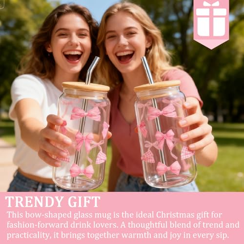 Ninivi Coquette Pink Bow Glass Cups with Lids and Straws and Straw Cover, Cute Preppy Stuff Iced Coffee Girly Glass Tumbler, Daughter Teen Girl Gifts Trendy Stuff, Birthday Gifts for Mom Sister - Image 2