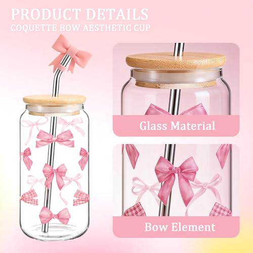 Ninivi Coquette Pink Bow Glass Cups with Lids and Straws and Straw Cover, Cute Preppy Stuff Iced Coffee Girly Glass Tumbler, Daughter Teen Girl Gifts Trendy Stuff, Birthday Gifts for Mom Sister - Image 4