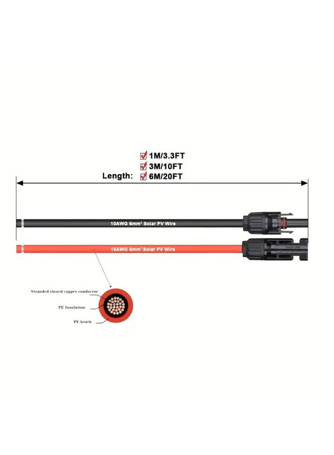 كابل تمديد شمسي 10AWG بطول 1 متر (3.3 قدم) باللونين الأحمر والأسود مع موصلات ذكر وأنثى لأنظمة الطاقة المنزلية والقوارب والمركبات الترفيهية - Image 2