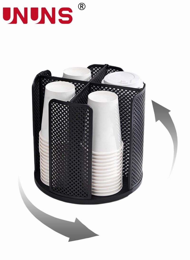 UNUNS وحدة تخزين أكواب للاستعمال مرة واحدة، حامل منظم لتخزين فناجين القهوة والغطاء يدور 360 درجة، 4 أقسام، أسود، موزع أكواب ورقية - Image 1