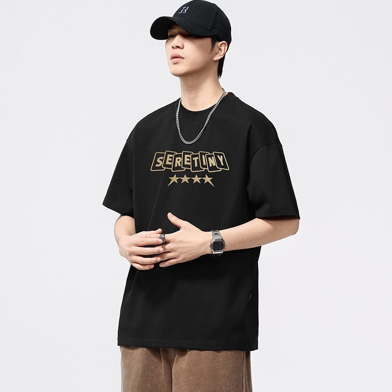 T3826 | plus size Men''s Summer New Printed Crewneck T-shirt Men''s Loose Fashion Brand 260G Heavy Shoulder Short Sleeve - Image 3