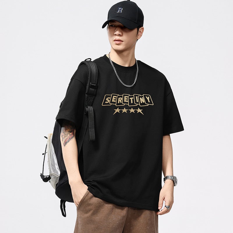 T3826 | plus size Men''s Summer New Printed Crewneck T-shirt Men''s Loose Fashion Brand 260G Heavy Shoulder Short Sleeve - Image 2