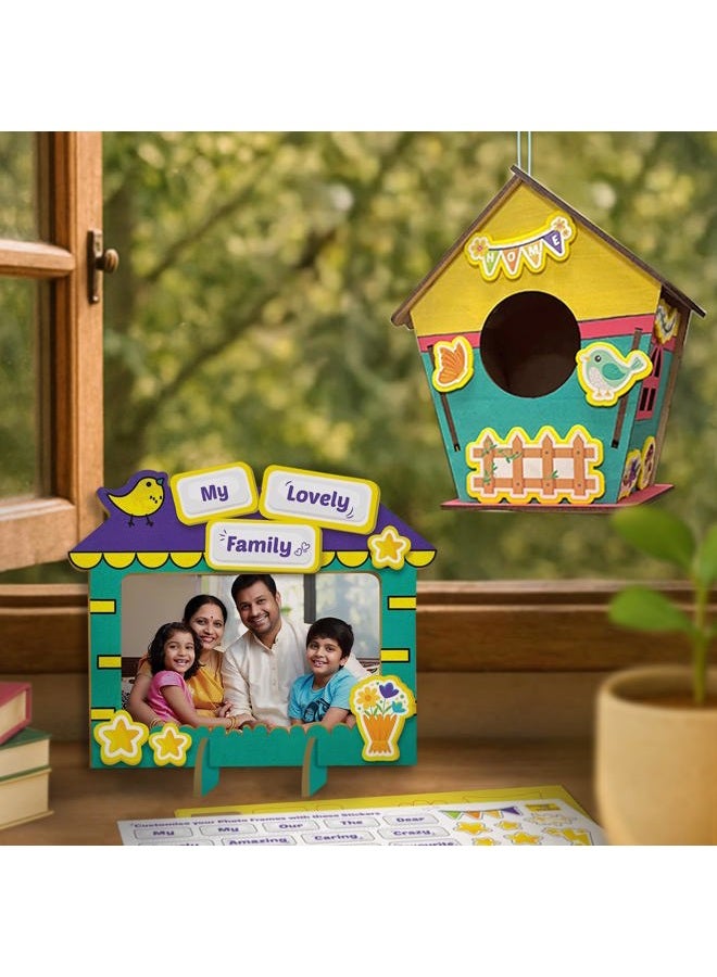 Imagimake DIY Wood Art Mega Pack | Build Wooden Bird House, 3 Photo Frames & Pen Stand | Wooden Painting Crafts for Kids | 100+ Foam Stickers for Wood Crafts |Boys & Girls Birthday Gifts Age 5,6,7,8,9 - Image 5