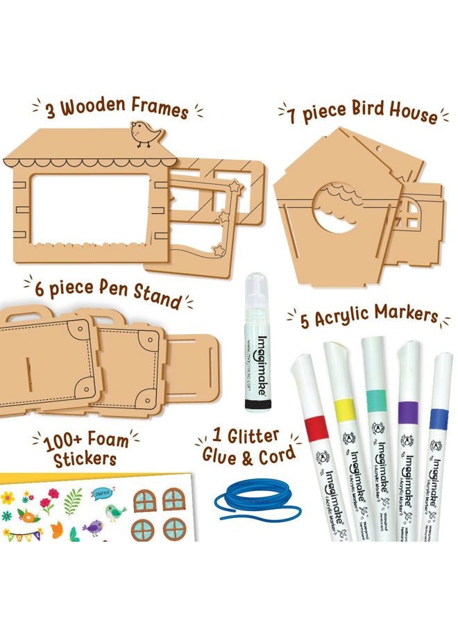 Imagimake DIY Wood Art Mega Pack | Build Wooden Bird House, 3 Photo Frames & Pen Stand | Wooden Painting Crafts for Kids | 100+ Foam Stickers for Wood Crafts |Boys & Girls Birthday Gifts Age 5,6,7,8,9 - Image 2