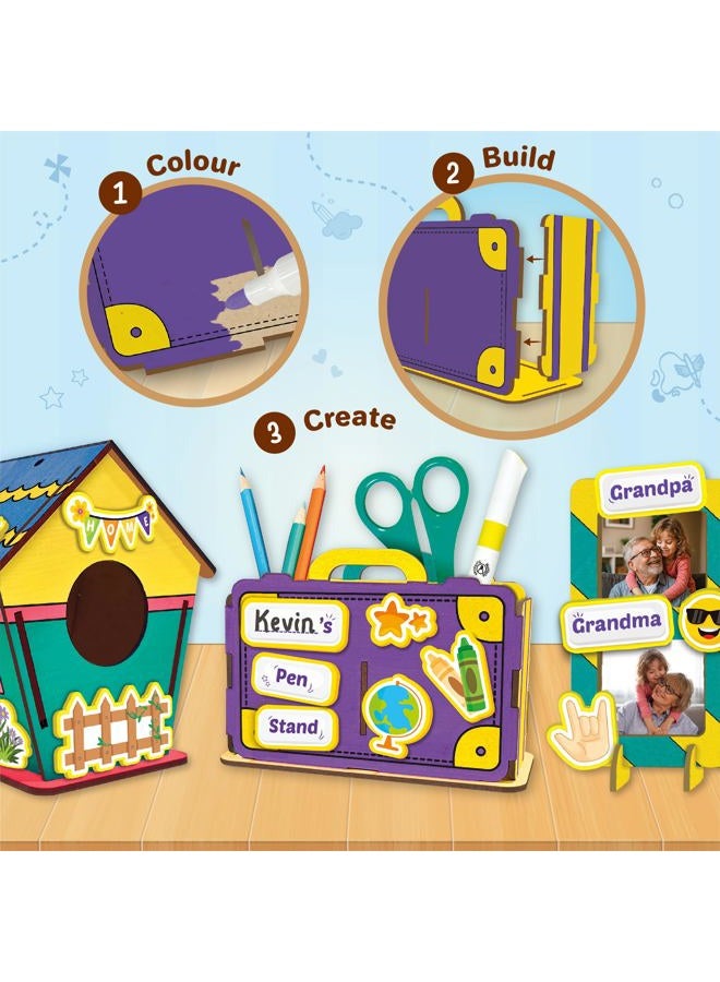 Imagimake DIY Wood Art Mega Pack | Build Wooden Bird House, 3 Photo Frames & Pen Stand | Wooden Painting Crafts for Kids | 100+ Foam Stickers for Wood Crafts |Boys & Girls Birthday Gifts Age 5,6,7,8,9 - Image 3