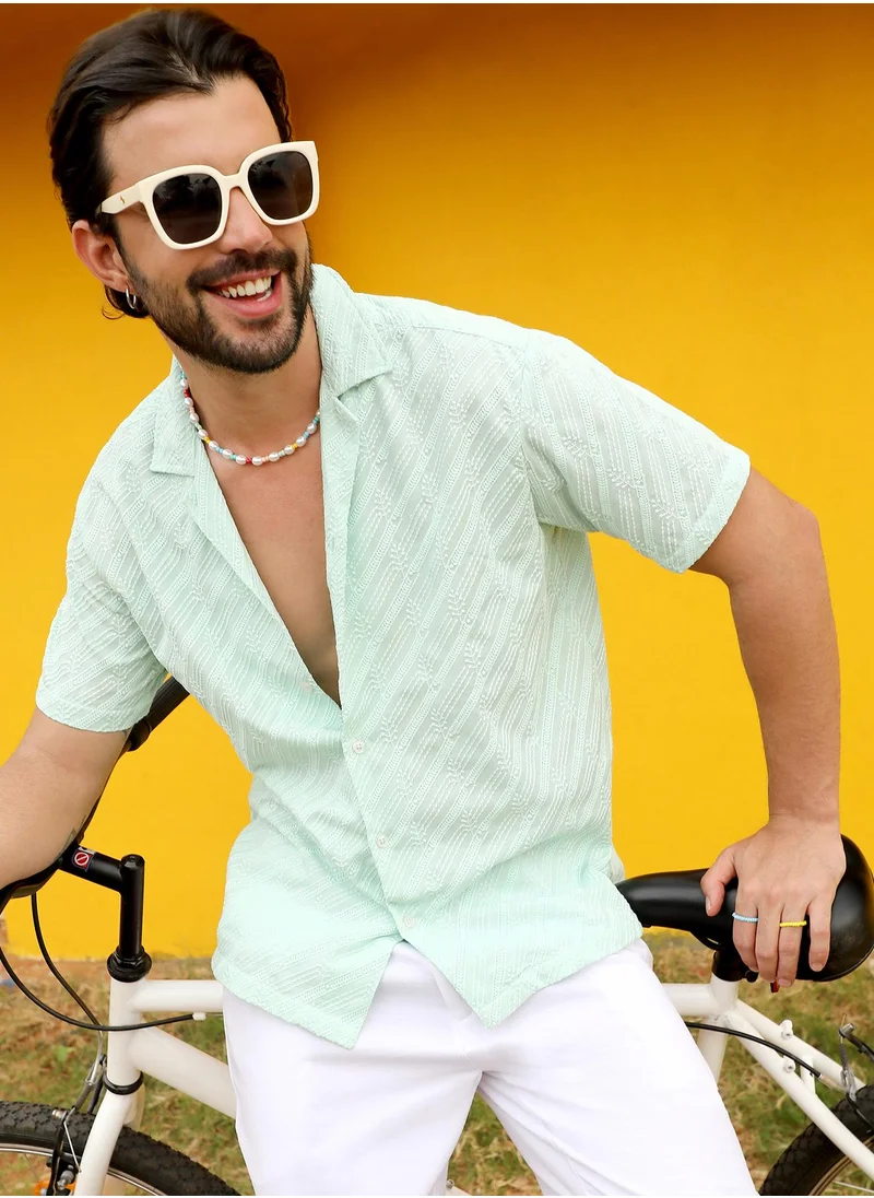 Campus Sutra Men's Mint Green Embroidered Striped Shirt