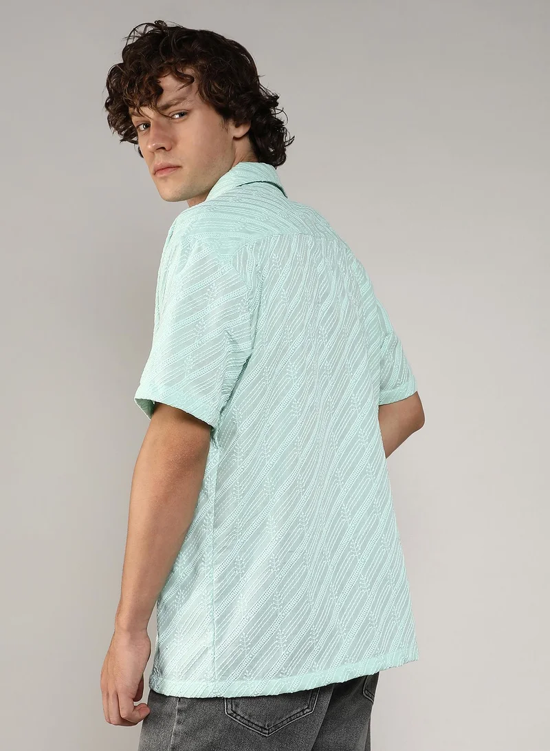 Campus Sutra Men's Mint Green Embroidered Striped Shirt