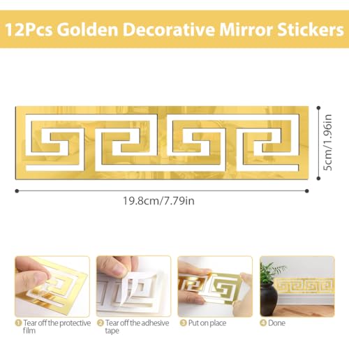 HASTHIP® 12Pcs Golden Decorative Mirror Stickers, Versatile Geometric Acrylic Wall Border Stickers for Bedroom Bathroom Living Room Background Decor, 7.87x1.96 Inches - Image 4