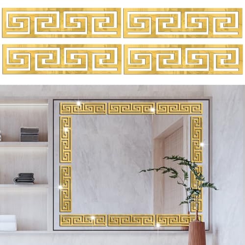 HASTHIP® 12Pcs Golden Decorative Mirror Stickers, Versatile Geometric Acrylic Wall Border Stickers for Bedroom Bathroom Living Room Background Decor, 7.87x1.96 Inches - Image 2