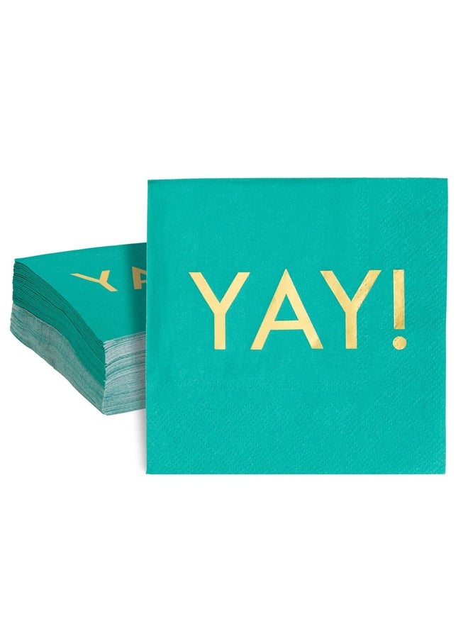 Blue Panda - BLUE PANDA 50 Pack Teal Paper Napkins with Gold Foil YAY for Party Supplies (3-Ply, 5 x 5 Inches) - Image 1
