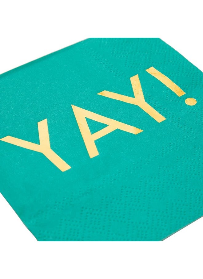Blue Panda - BLUE PANDA 50 Pack Teal Paper Napkins with Gold Foil YAY for Party Supplies (3-Ply, 5 x 5 Inches) - Image 1