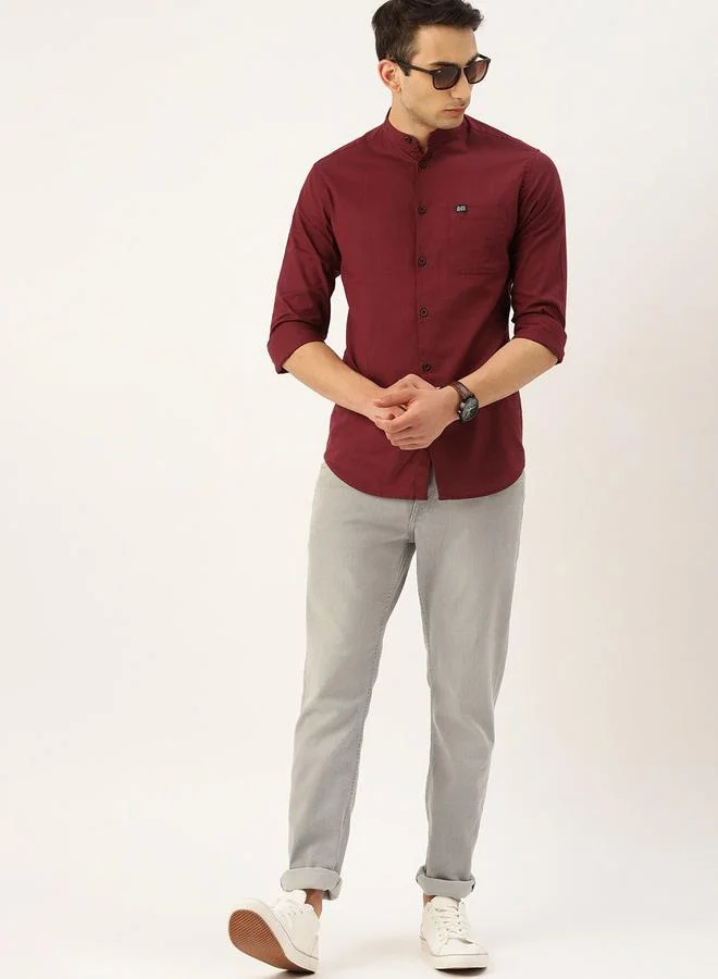 The Indian Garage Co Men Maroon Mandarin Collar Slim Fit Shirt