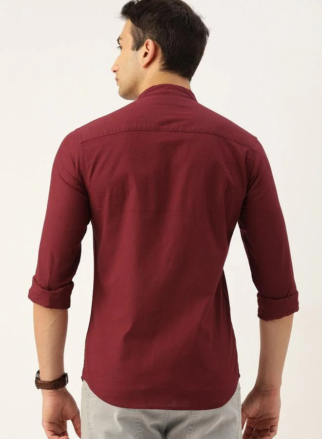 The Indian Garage Co Men Maroon Mandarin Collar Slim Fit Shirt