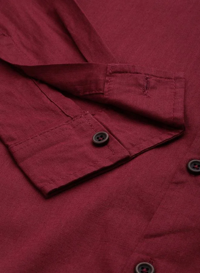 The Indian Garage Co Men Maroon Mandarin Collar Slim Fit Shirt