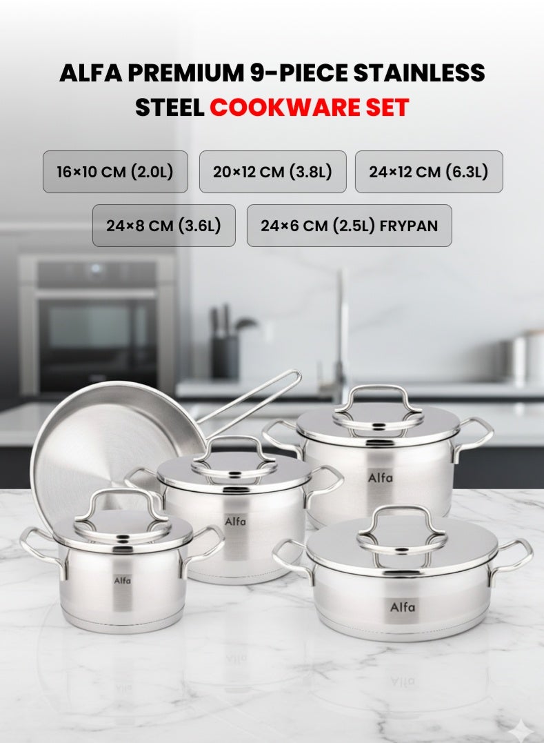 ALFA 9‑Piece Premium Cookware Set | 18/10 Cr‑Ni Stainless Steel | Deep Casseroles, Low Casserole & Frypan | Induction, Gas & Electric Compatible | Dishwasher Safe - Image 1